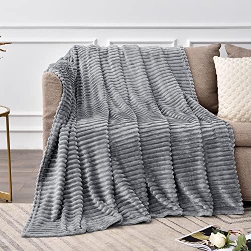 BEDELITE 3D Ribbed Jacquard Grey Fleece Throw Blanket for Couch, 50x60 Inch