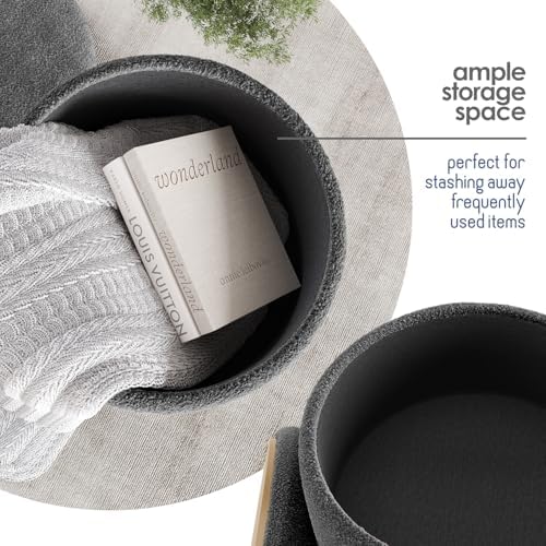 Round Ottoman with Storage, Boucle Storage Ottoman, Foot Stool Ottomans, Makeup Vanity Stool, Small Ottomans Foot Rest, Modern Vanity Stools for Living Room and Bedroom, Grey