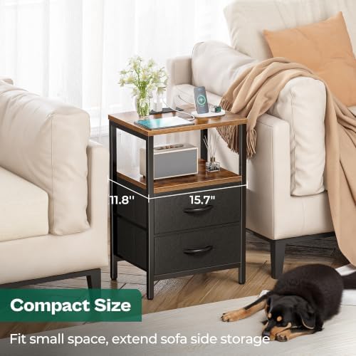 Huuger Nightstand with Charging Station, Side Table with Fabric Drawers