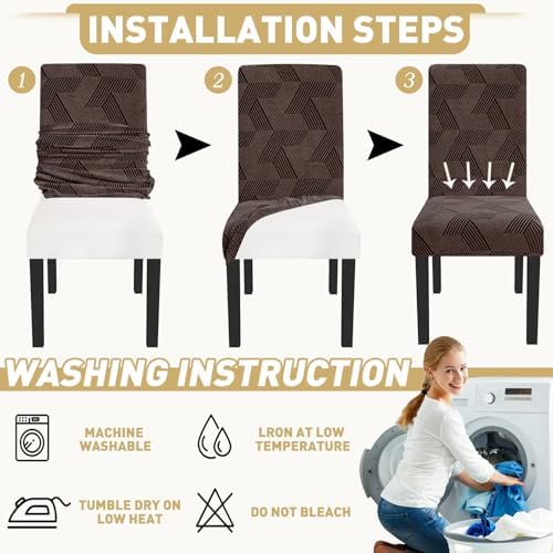JIVINER Stretch Dining Chair Slipcovers Set of 2, Geometrical Jacquard Dining Chair Covers, Washable Kitchen Chair Covers for Dining Room, Hotel, Party, Brown