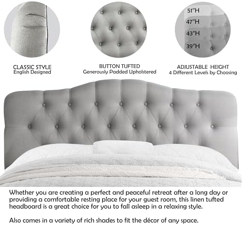 Rosevera Givanna Adjustable Height Headboard with Linen Upholstery and Button Tufting for Bedroom, King, Gray Linen