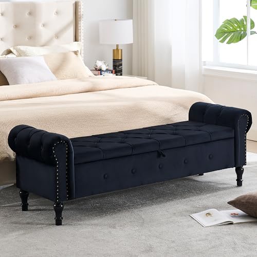 Storage Bench 67" Velvet End of Bed Benches Black
