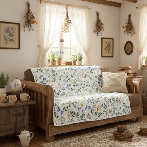 Spring Floral Throw - Blue & Yellow Watercolor Floral Blanket for Couch Sofa Camping, Farmhouse Cottagecore Flowers Bedding Decor, Soft Warm Flannel Throw for Women Girls, 60X80