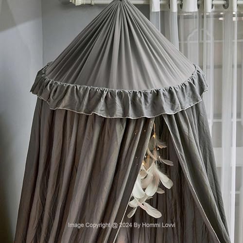 Hommi Lovvi Bed Canopy for Girls, Dreamy Frills Ceiling Hanging Princess Canopy Bedroom Decoration Soft Canopy Net Reading Nook, Extra Large Full Queen Size Bed Canopies - Grey