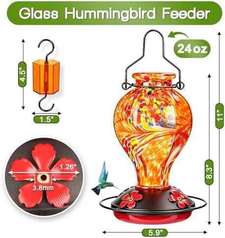 Hand Blown Glass Hummingbird Feeders for Outdoors Hanging, 24oz Wild Bird Nectar Feeder with Ant Moat and Perch, Bee-Resistant Ports, Garden Decor, Gifts for Women Mom, 1 Pack, Orange Phoenix