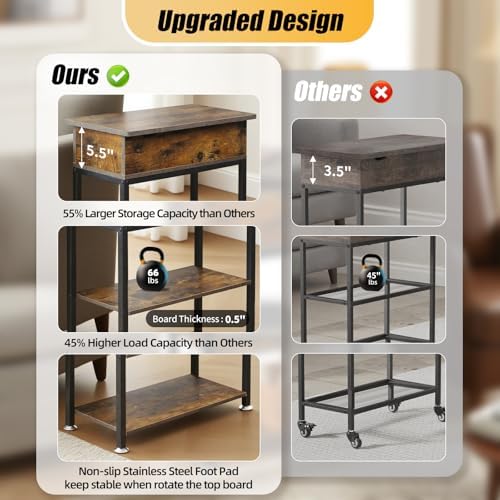 Rotating Top End Table with Charging Station, 24" W x 12" D x 27" H, Brown
