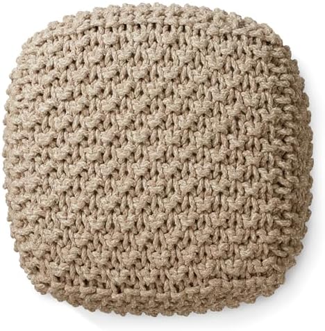 Casafield Square Pouf Ottoman, Beige Ivory - 18.5" W x 18.5" D x 14.5" H Cotton Knit Foot Stool - Boho Floor Pouffe for Living Room, Bedroom, Office