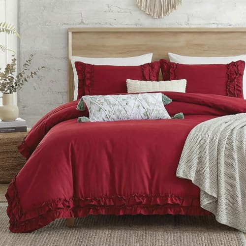 Burgundy Duvet Cover Queen Size Ruffled Bedding Set Vintage Lace Ruffle Elegant Bedroom Decor Shabby Chic Farmhouse Style Boho Chic Duvet Cover Set for All Season