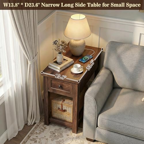Farmhouse Narrow End Table with Charging Station for Couch, 13.8" Wide