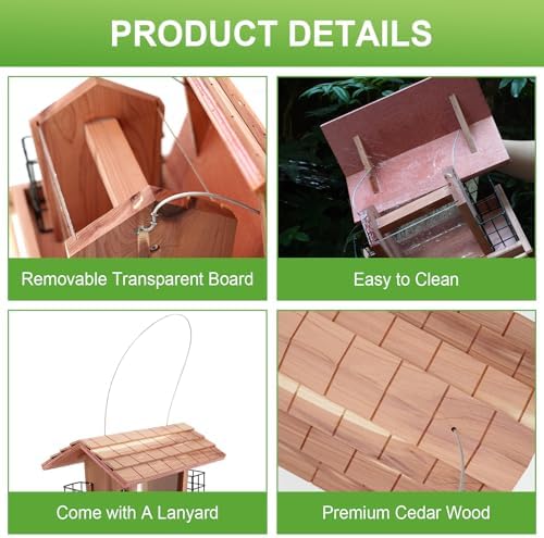 Wooden Bird Feeder for Outdoors Hanging Mount Large Capacity, Red Cedar Garden Roof Feeder with 2 Suet Cages, Cardinal Bluebird Birdfeeder for Garden Decoration Yard, Weatherproof Durable