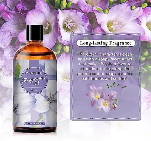 PHATOIL 3.38FL.OZ Freesia Fragrance Oils for Aromatherapy, Essential Oils for Diffusers for Home, Perfect for Diffuser, DIY Candle and Soap Making, DIY Scented Products - 100ml