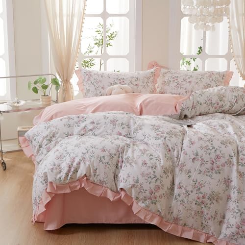 Pink Floral Duvet Cover Set 100% Cotton Twin(68"x86"),Ruffled Rose