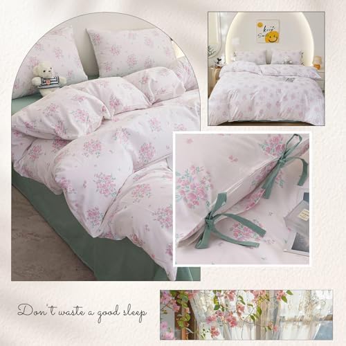 HighBuy Farmhouse Floral Duvet Cover Set Twin Pink Flowers Bedding Set with Zipper Closure,100% Cotton Cooling Comforter Cover with 2 Bowknot Bow Tie Pillowcases for Hot Sleepers