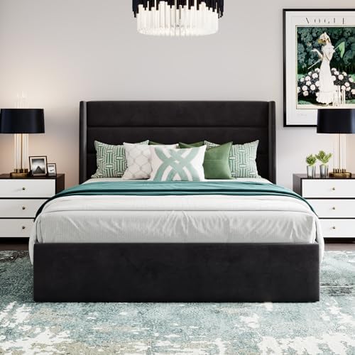 SHA CERLIN Full Size Lift Up Hydraulic Storage Bed Frame Black