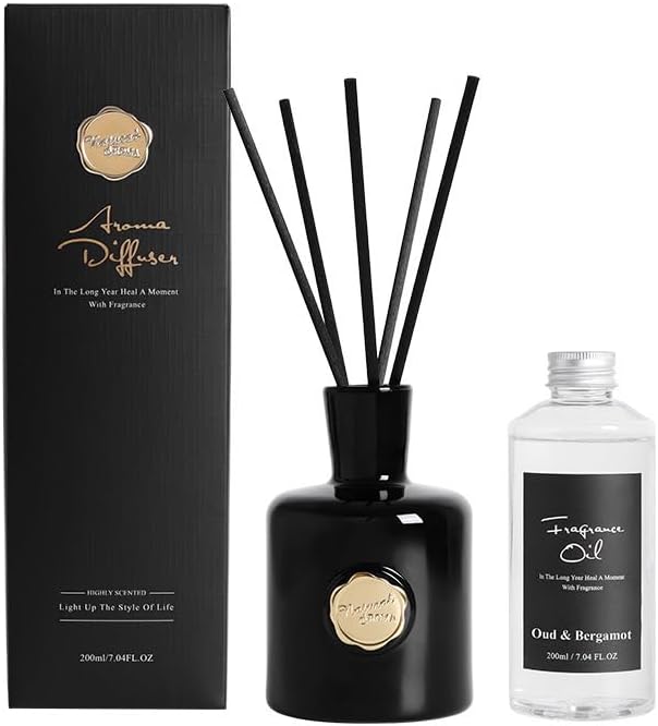 Oud & Bergamot Reed Diffuser, Long Lasting Essential Oil Fragrance
