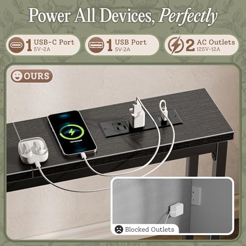 Huuger 110.2 Inch Behind Couch Table with 2 Power Outlets and USB-C Ports, Extra Long Narrow Sofa Table for Sectional Sofa, Skinny Console Table with Anti-Bump Pads, for Living Room, Black