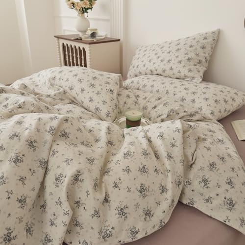 Muslin Cotton Duvet Cover Set King Floral Prints, Off-White