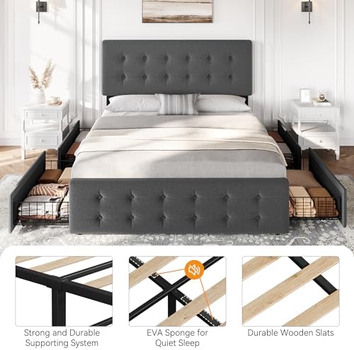 IDEALHOUSE Full Bed Frame with 4 Storage Drawers and Headboard, Dark Grey