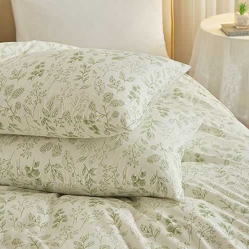 HighBuy 3 Pieces Duvet Cover Full Size White Duvet Cover with Green Floral Print,Coquette Soft Comforter Cover Boho Style,Aesthetic Full Bedding Set with Zipper Closure 4 Ties,All Season