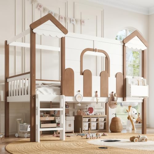 Twin Over Twin House Bunk Bed Frame with Bookshelf and Drawer, Beige
