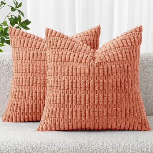 MIULEE Corduroy Decorative Throw Pillow Covers 16x16 Coral Pack of 2