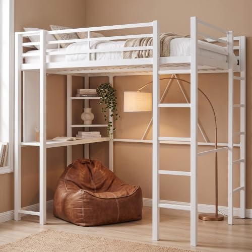 Loft Bed with Desk, Metal Loft Bed Full Size with 2 Built-in Ladders, with Safety Guard,Space-Saving Bed Frame, Noise Free, Creamy White (Full Size)