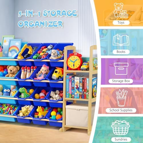 Kids Toy Storage Organizer with Bookshelf – Wooden Shelf with 16 Bins & 3 Shelves, Quick Assembly Storage Rack for Playroom, Bedroom, Nursery - Blue