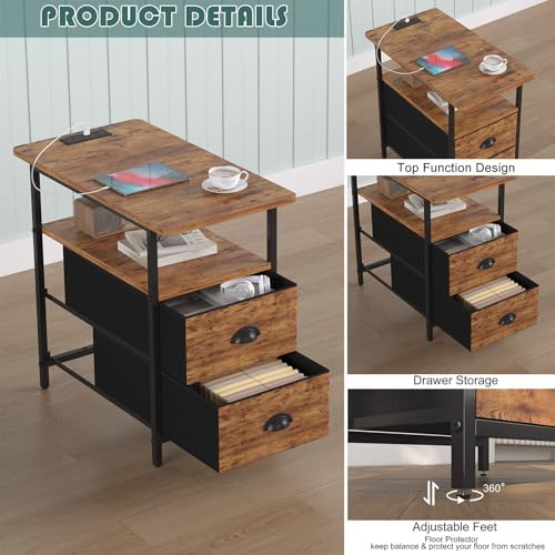 sthmec End Table with Charging Station, Narrow Side Table with 2 Drawers, LED Nightstands with Drawers, USB Ports&Power Oulets,Slim Sofa Side Tables for Small Spaces,Living Room,Bedroom,Rustic Brown