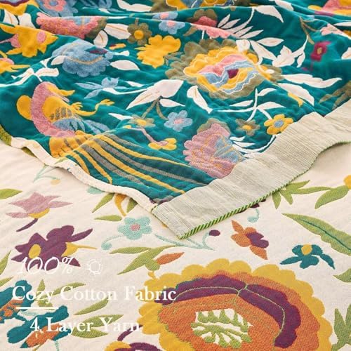 XIBLC Boho Throw Blanket for Bed, 100% Cotton Soft Rustic Quilt Fall Blanket, 50"x60" Colorful Floral Printed Farmhouse Decor Bed Blankets, All Season Rustic Reversible Bohemian Throw Quilt