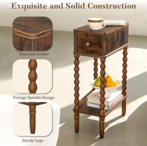 Fultyle Narrow Side Table with Drawer, Skinny End Table with Open Shelf