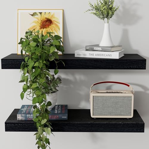 Axeman Floating Shelves, 2 Pack 8 Inch Deep Modern Solid Wood Wall Shelves for Storage, Wall Mounted Display Shelving with Invisible Heavy-Duty Metal Bracket, 24" W x 8" D x 1.6" H, Distressed Black