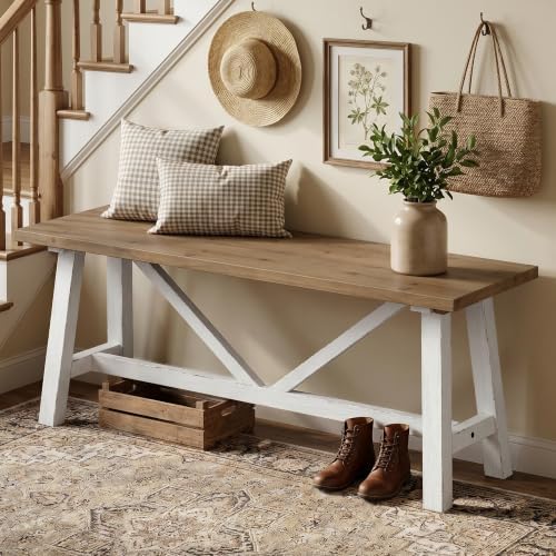 Wnutrees 43" Farmhouse Solid Wood Bench, Narrow Long Seat, White