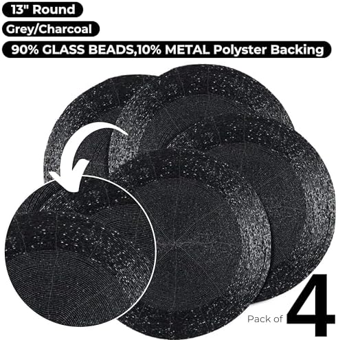 Beaded Placemats Set of 4, 13 Inch Round, Grey Charcoal