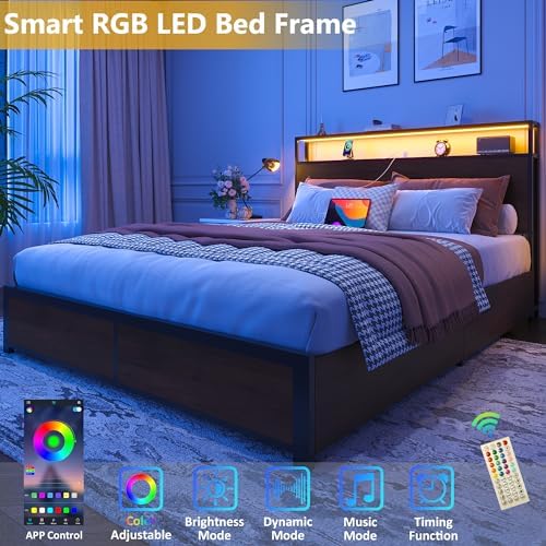 Lifezone Queen Bed Frame with 2-Tier Storage Headboard, Metal Platform Bed Frame with 4 Storage Drawers, Built in Charging Station & LED, Noise-Free/Metal Support/No Box Spring Needed, Coffee Brown