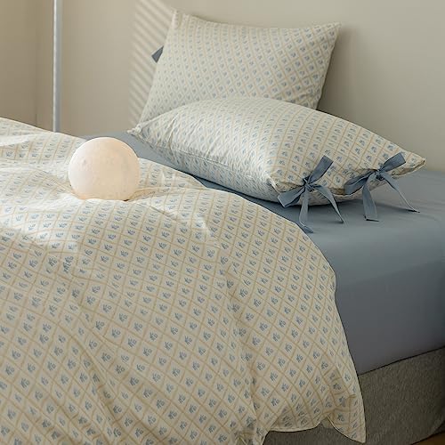 mixinni Blue Floral Duvet Cover Set Queen - 3 Piece Cottagecore Bedding Set with Bow Ties & Zipper Closure, 100% Cotton Soft Aesthetic Comforter Cover for Girls, Lightweight Breathable Country Style