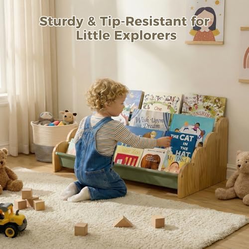 Puricon 4-Tier Kids Bookshelf, Wooden Bookcase Organizer for Toddlers with Deep Pockets & Wavy Edge, Decorative Front-Facing Sling Book Rack for Kids Rooms, Nursery, Playroom and Classroom -Sage
