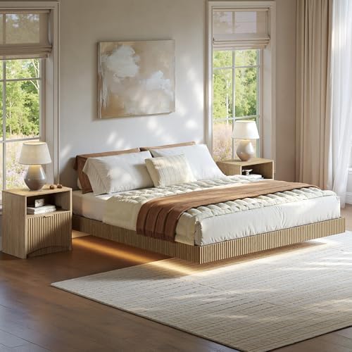 Evermagin Queen Bedroom Set, Fluted Floating Bed Frame & Nightstands, Oak
