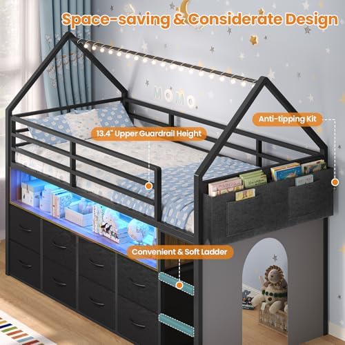 Low Loft Bed Twin Size with 8 Storage Drawers, LED House Loft Bed