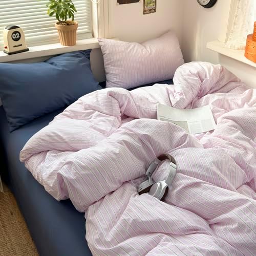 Cottage Striped Twin Duvet Cover- Lilac & Green Stripes Bedding Duvet Cover with Zipper Closure & 2 Pillowcases, Soft Breathable Washed Microfiber Retro Vintage Bedding Set 3-Piece for All Seasons