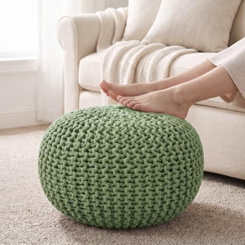 · REDEARTH · Round Pouf Ottoman - Hand Knitted Boho Poof Footrest - Kiwi