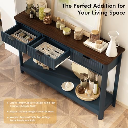 RUSTOWN Fluted Wood Console Table with 3 Drawers, 47.2" Boho Entryway Table