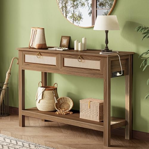 SUPERJARE Rattan Console Sofa Table with Outlets, USB-C Port and 3 Drawers
