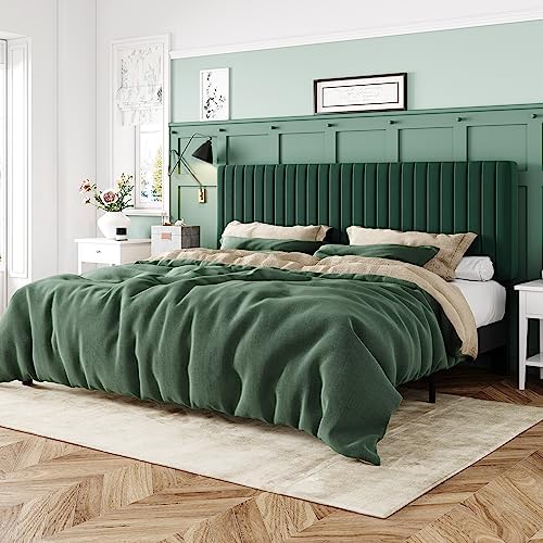 Allewie King Bed Frame, Velvet Upholstered Platform Bed with Adjustable Vertical Channel Tufted Headboard, Mattress Foundation with Strong Wooden Slats, Box Spring Optional, Easy Assembly, Green