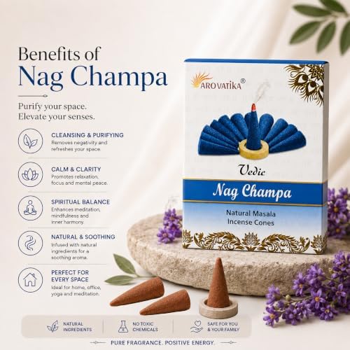 ARO VATIKA Vedic Nag Champa Natural Masala 120 Incense Cones in Pack of 12 Boxes | Environment-Friendly Dhoop | Best for Prayer, Reiki, Meditation & Relaxation | Burn time- 25 mins