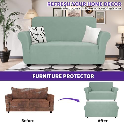 ZNSAYOTX Super Stretch Loveseat Covers (57"-70"), New Striped Love Seat Slipcover, Dogs Pet Friendly Anti-Slip Couch Protector Spandex Durable 2 Seater Fabric Sofa Cover (Pea Green, Loveseat)