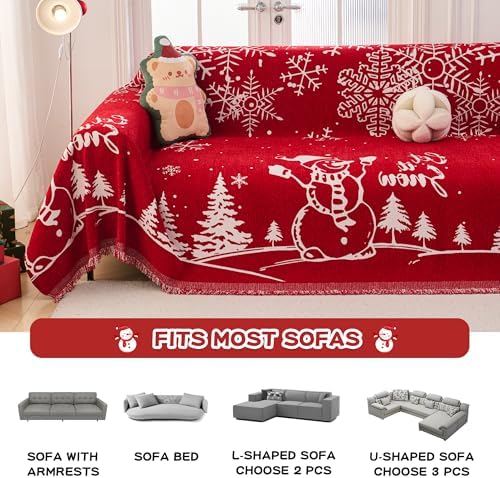 MEETSKY Red Couch Cover Christmas Sofa Slipcover Couch Protector Covers for Sectional Sofa,Universal Fit for Couch 3 Seat, Thick Washable Soft Touch for Pets, 71" x 134"