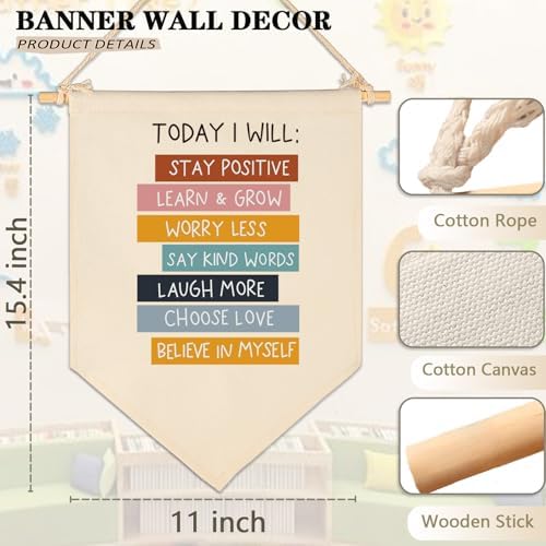 Today I Will Stay Positive-Flag Wall Decor Gift for Baby Boys Girls Kids-Canvas Hanging Flag Banner Pennant Wall Decor Gift for Nursery Baby Room Playroom Homeschool Reading Room Bedroom