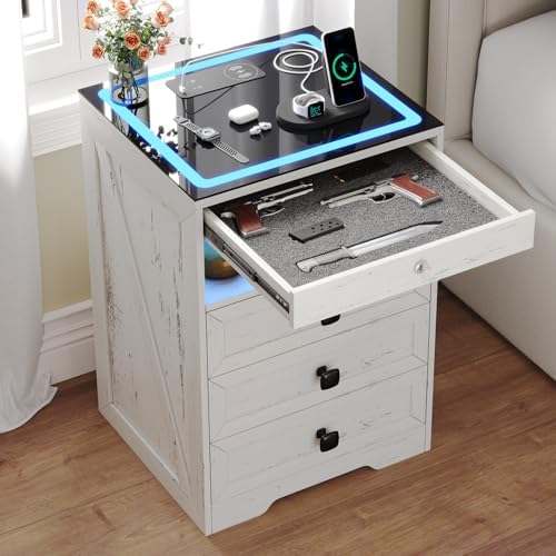 Smart Nightstand with Lockable Gun Drawer,Farmhouse Bedside Table with Charging Station and 3 LED Lights, Modern Night Stand with 3 Drawers,Glass Top End Side Table for Bedroom（White）