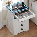 Smart Nightstand with Lockable Gun Drawer,Farmhouse Bedside Table with Charging Station and 3 LED Lights, Modern Night Stand with 3 Drawers,Glass Top End Side Table for Bedroom（White）