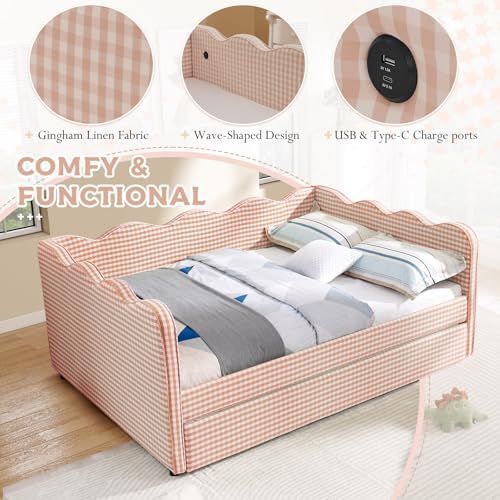 Full Size Daybed with Pop Up Trundle, Linen Gingham Full to King Daybed with USB Ports, Upholstered Day Bed Frame, Modern Sofa Bed for Living Room/Bedroom/Guest Room, No Box Spring Needed, Pink